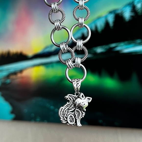 Handmade maille stainless steel necklace double wheat chain + fox design charm - Picture 3 of 15